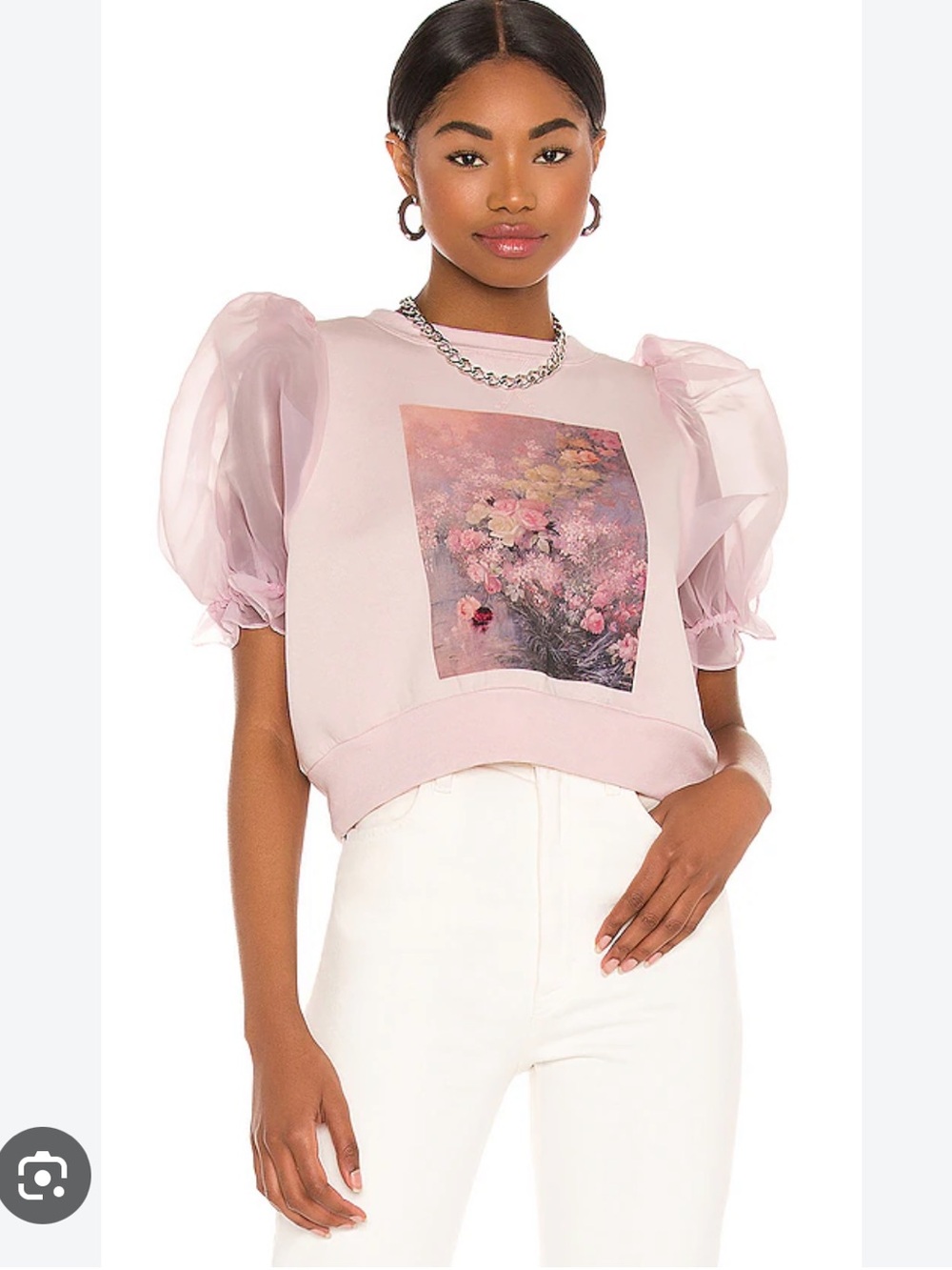Selkie The Minnie Pink Puff Sleeve Rosewater Floral Sweatshirt